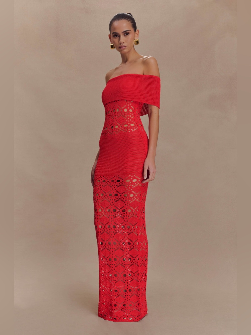 MESHKI Solstice Off Shoulder Crochet Knit Maxi Dress - Blood Orange, XXS